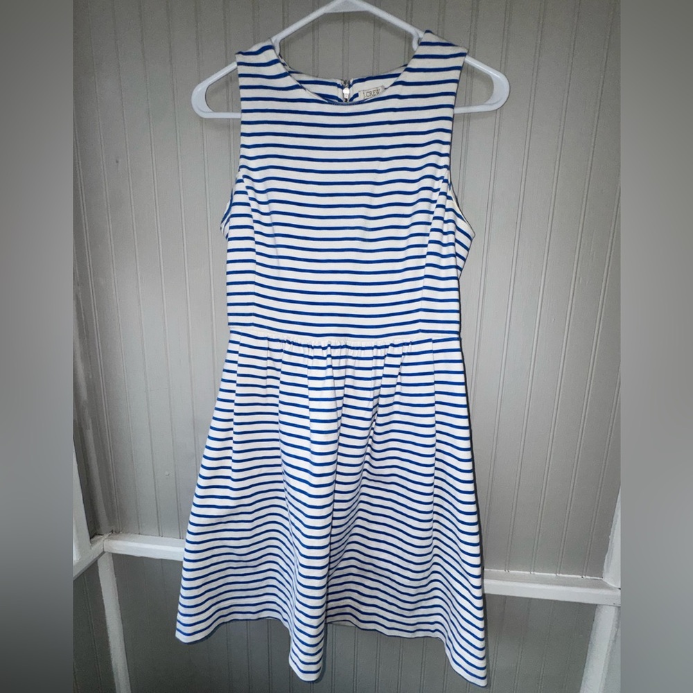 J Crew Classic Blue & White Striped Sleeveless Dress pockets